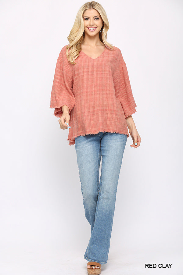 Short 3/4 Sleeve Woven V-Neck with Frayed Hem