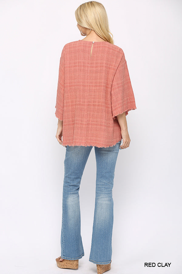 Short 3/4 Sleeve Woven V-Neck with Frayed Hem