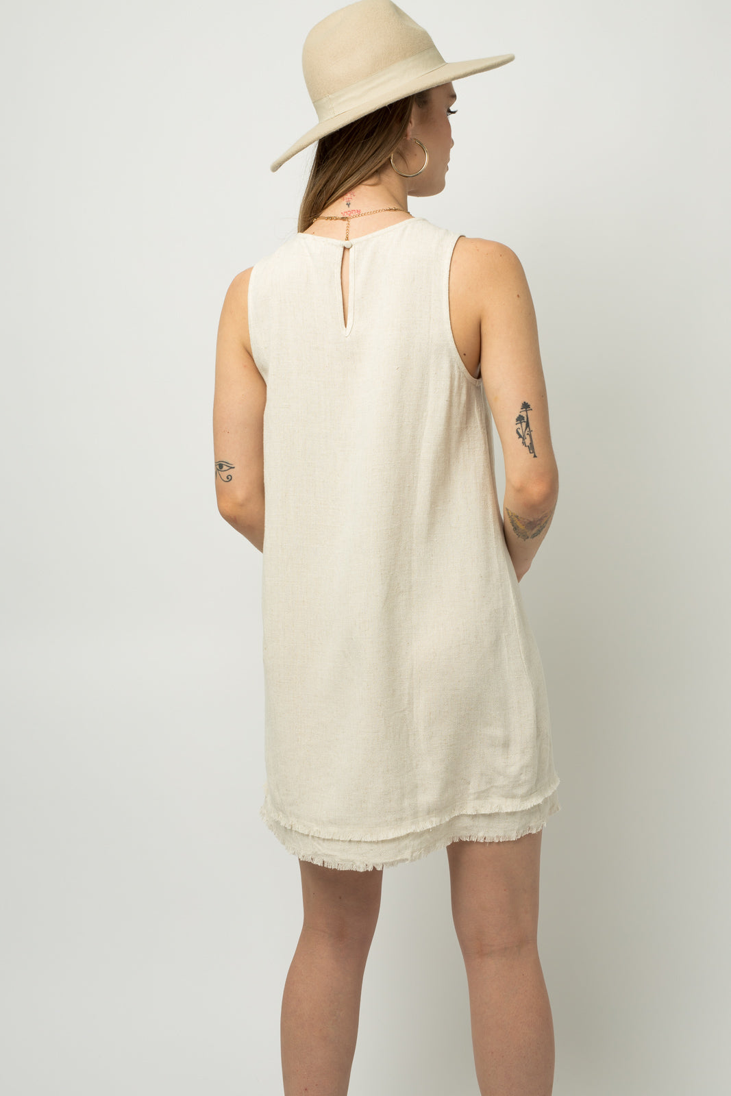 The Virginia Double Frayed Sleeveless Linen Shift Dress - 22 Palms Boutique
