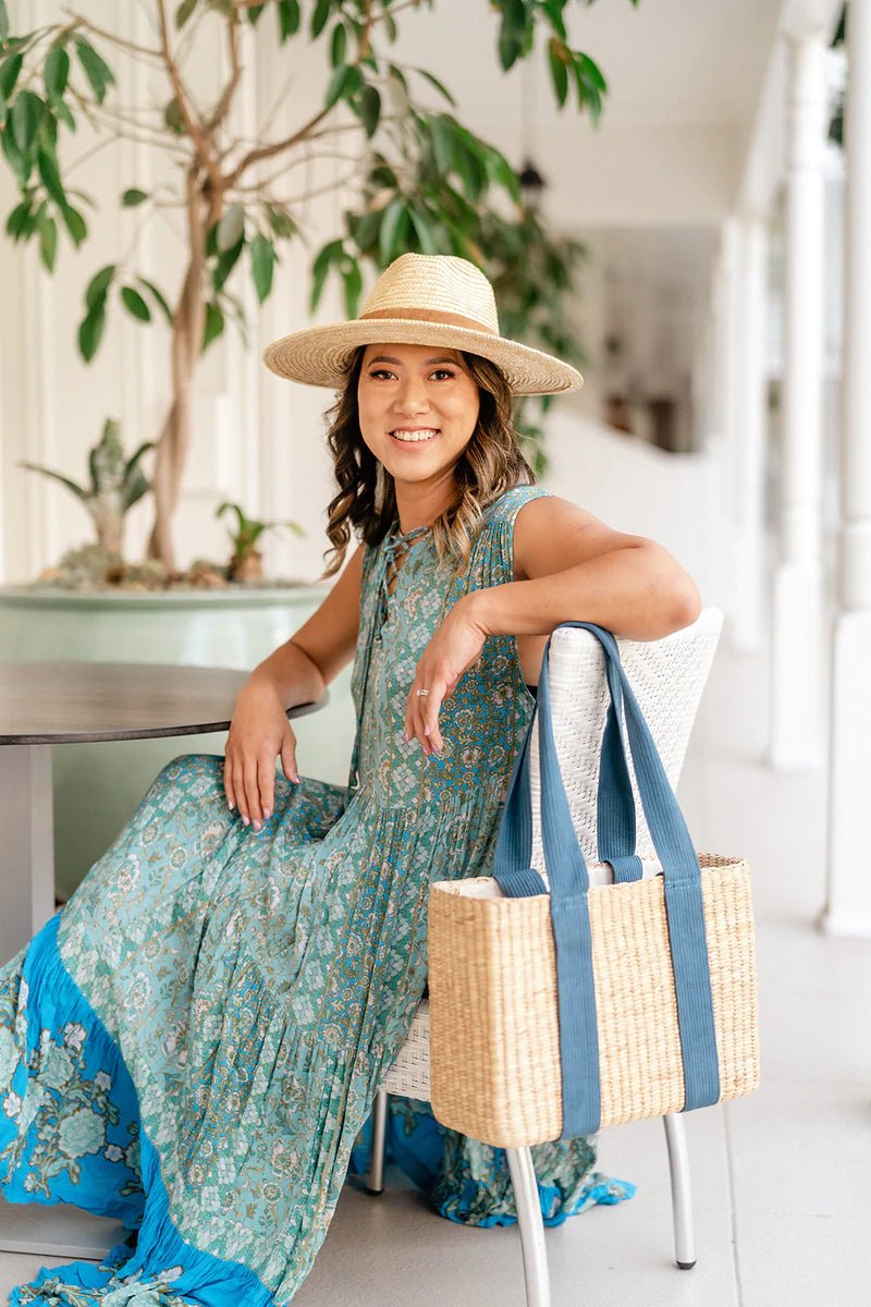 Brooks Rectangular Natural Seagrass Tote in Blue and Blush - 22 Palms Boutique