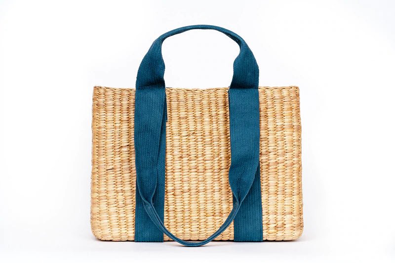 Brooks Rectangular Natural Seagrass Tote in Blue and Blush - 22 Palms Boutique