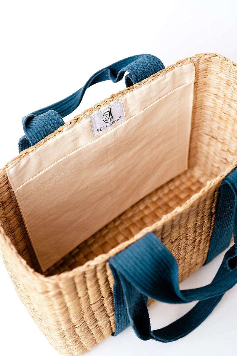 Brooks Rectangular Natural Seagrass Tote in Blue and Blush - 22 Palms Boutique