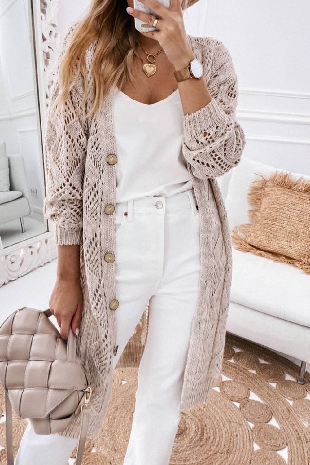 Khaki Openwork Knit Cardigan - 22 Palms Boutique