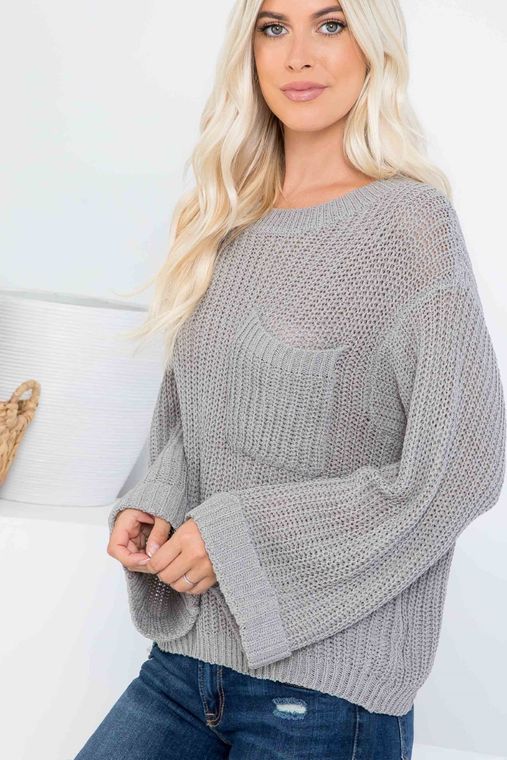 Breezy Days Sweater with Pocket and Cuffed Bell Sleeves in Grey and Blush