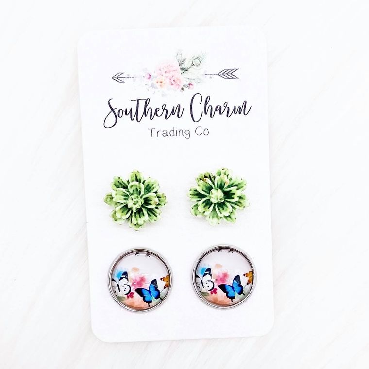 Light Green Flowers & Multi Color Butterflies Stainless Steel post earrings