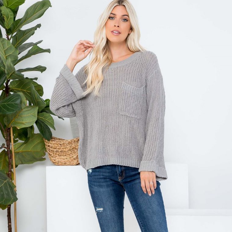 Breezy Days Sweater with Pocket and Cuffed Bell Sleeves in Grey