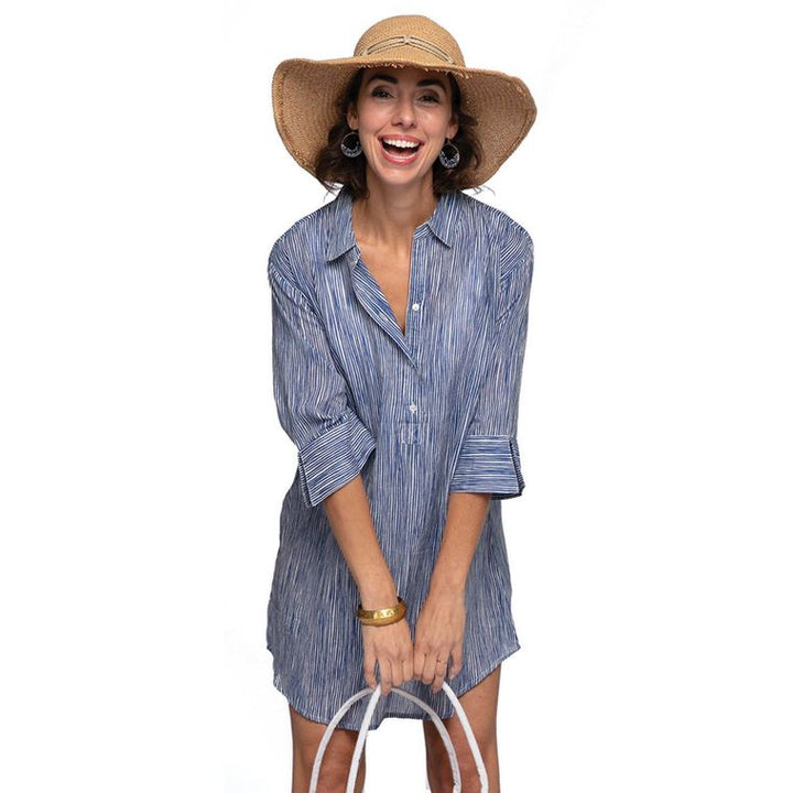 SURI NAVY blu Cotton Beach Shirt - 22 Palms Boutique