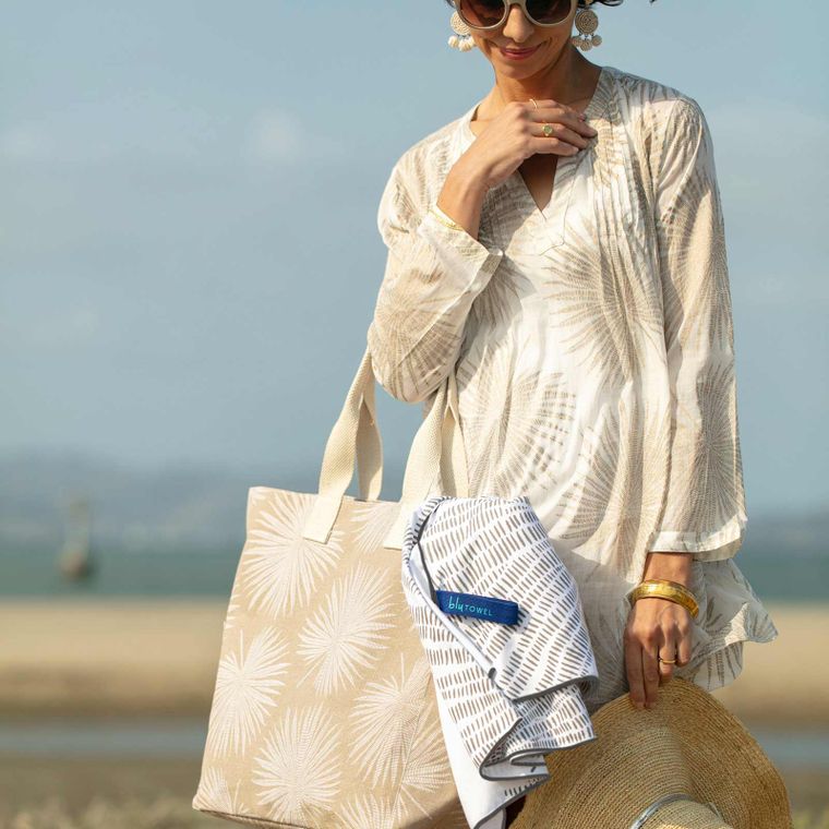PALM GOLD blu Cotton Pintuck Beach Cover Up