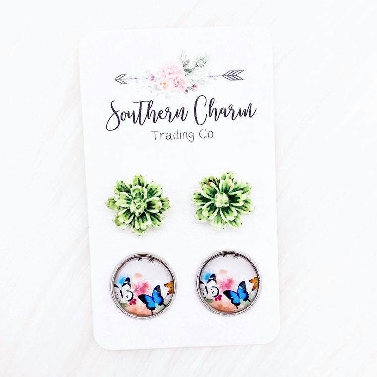 Light Green Flowers & Multi Color Butterflies Stainless Steel post earrings - 22 Palms Boutique