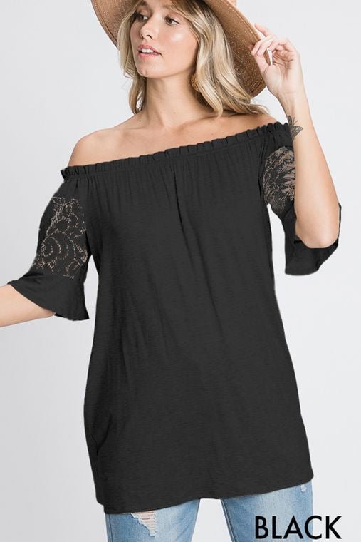 Off - Shoulder shirt with Lace Bell - Sleeve detail - 22 Palms Boutique