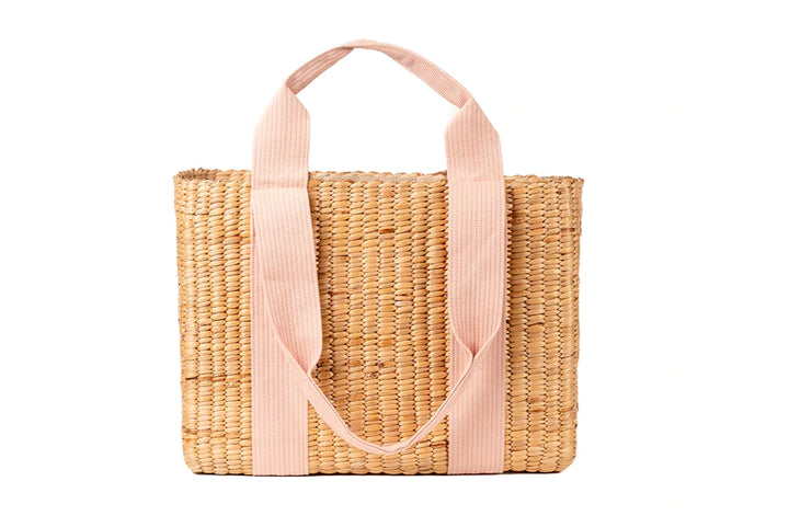 Brooks Rectangular Natural Seagrass Tote in Blue and Blush