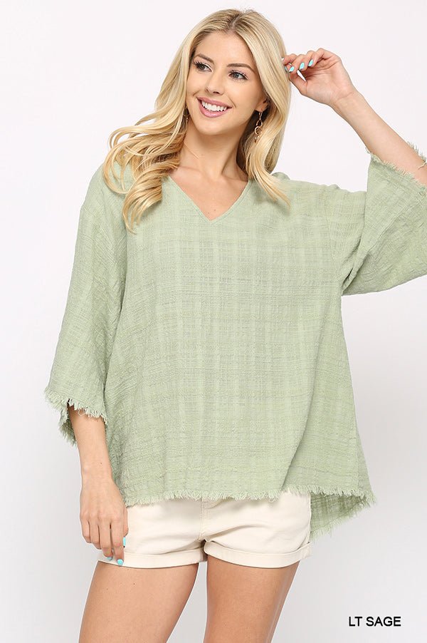 Short 3/4 Sleeve Woven V - Neck with Frayed Hem - 22 Palms Boutique