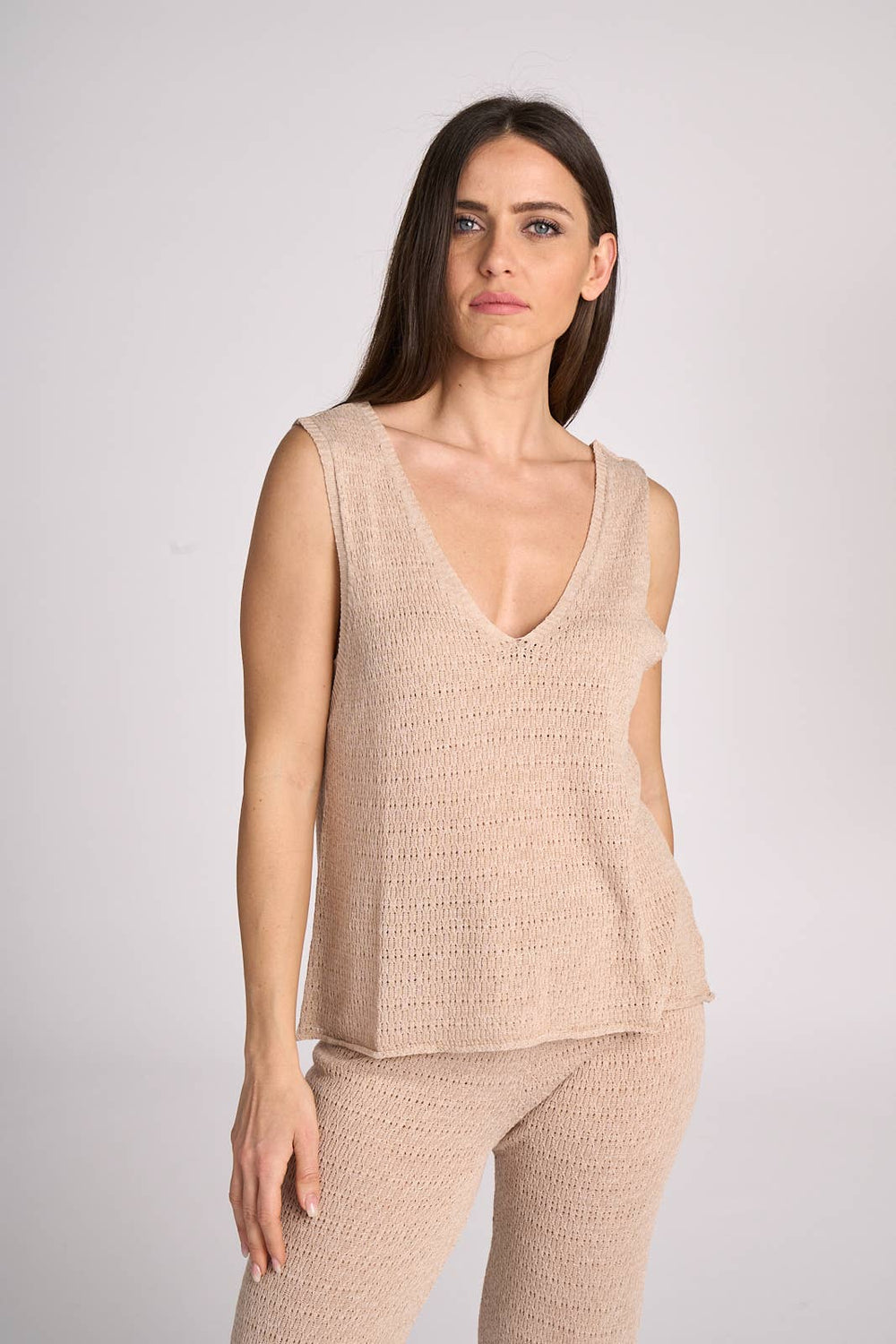 V - Neck Openwork Valeria Top | Sand - 22 Palms Boutique